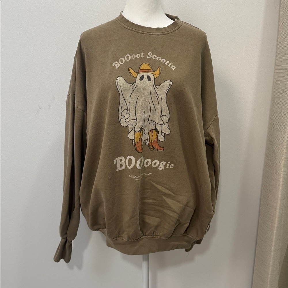 The Laundry Room Tan Halloween Ghost Cowboy Boots Graphic Sweater
